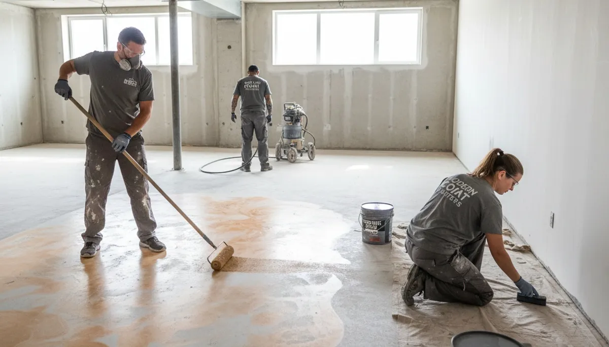 Professional concrete staining on residential patio in Bloomington, IN by expert floor finishers