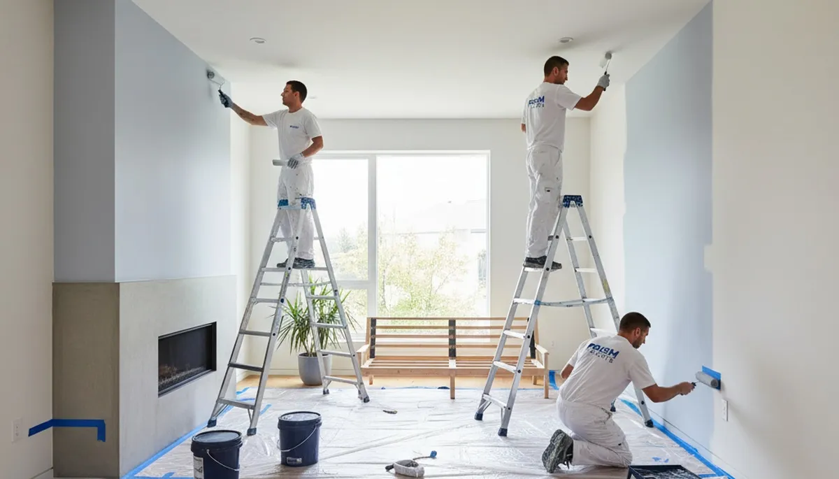 Professional interior house painters finishing living room walls in Bloomington, IN