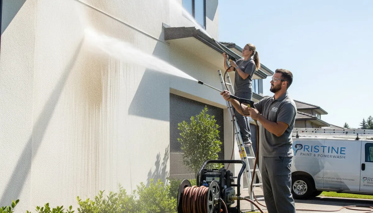 Professional pressure cleaning on Bloomington IN home exterior removing dirt, pollen, and limestone stains